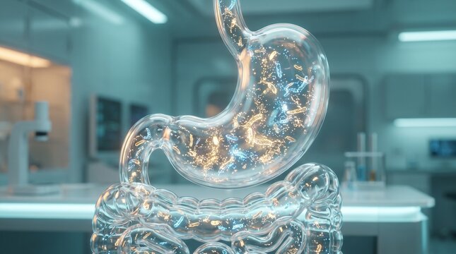 Healthy Gut Microbiome with Beneficial Bacteria on Intestinal Villi, Advanced Medical 3D Illustration