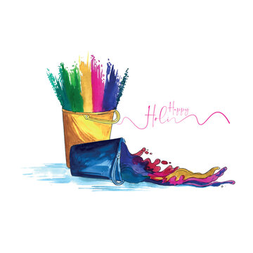 A vibrant watercolor illustration celebrating the spirit of Happy Holi, featuring a colorful cup filled with paintbrushes and overflowing with bright splashes of pink, blue, green, yellow, purple, and
