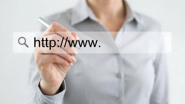 Businesswoman entering website address in search bar representing internet browsing and online search concept