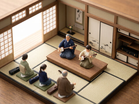 Japanese shamisen music lesson tatami room with sensei and students miniature figurine diorama