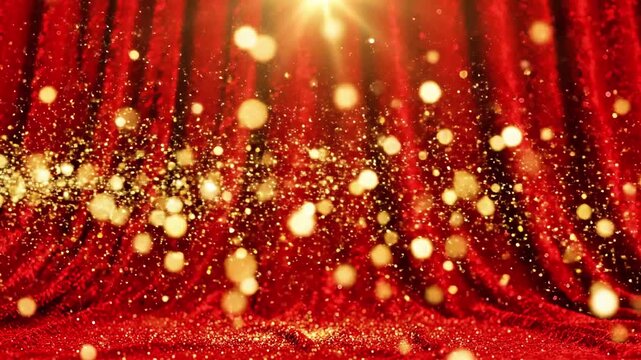 Red glitter fabric background with golden bokeh sparkles.