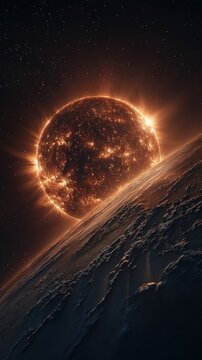 View of a planet with a sun in the background
