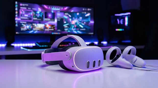Modern Virtual Reality Headset with Controllers on RGB Gaming Setup