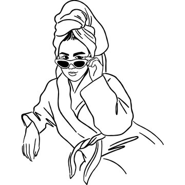 Woman in Bathrobe with Towel Line Art