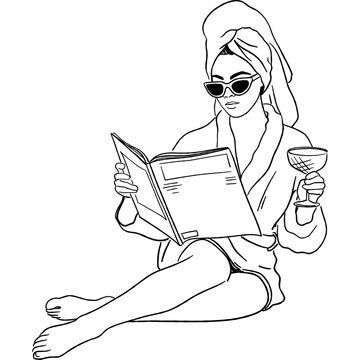 Woman Reading Book with Wine Glass Line Art