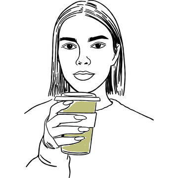 Woman Holding Coffee Cup Line Art Portrait