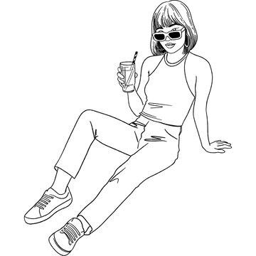 Stylish Woman Sitting with Cocktail Line Art Illustration
