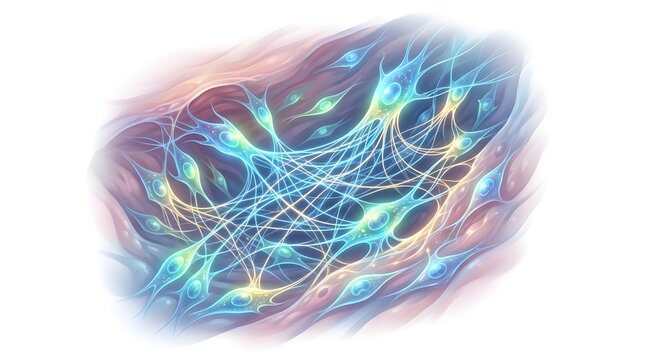 Glowing network of fibroblasts and extracellular matrix fibers