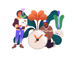 Fototapeta premium Teamwork time management concept. Effective organization and growth in team. People with flowers and clock faces. Blooming plants and dials. Flat isolated vector illustration on white background
