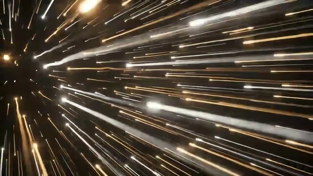 Golden and white light streaks moving at high speed through a dark background creating a sense of hyperspace travel or fast data transfer
