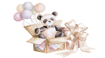Watercolor panda teddy bear in gift box with balloons © Peregrine
