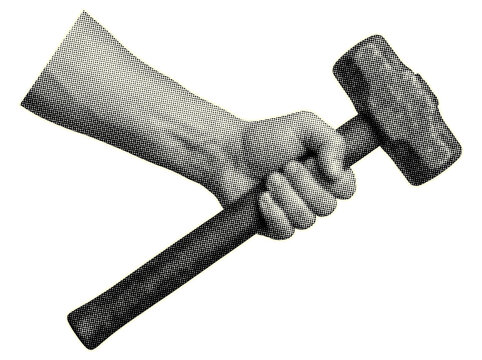 Retro halftone hand holding hammer art collage on transparent background.