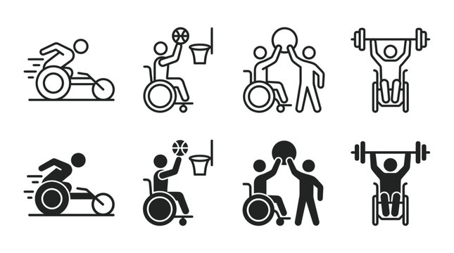 Set of disability sport icons featuring wheelchair athletes for paralympic events in outline and solid styles, activity
