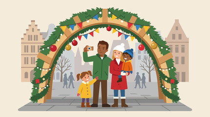 Happy Diverse Family Taking Selfie Under Christmas Arch at Market © Meja