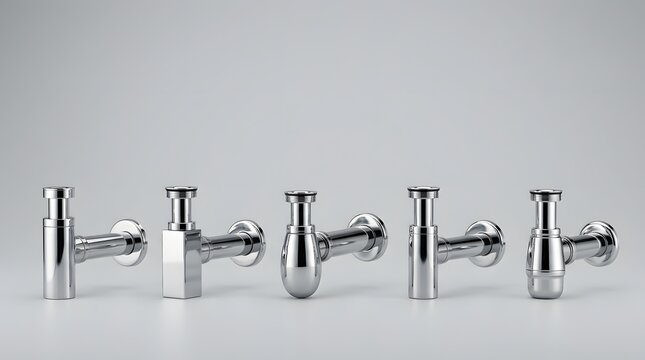 Set of five different chrome plated bottle traps for modern bathroom sinks displayed on a neutral light grey background demonstrating various elegant shapes and professional designs.