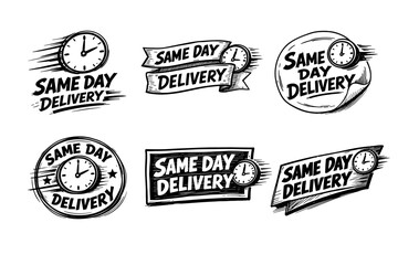 Obraz premium Hand-drawn set of same-day delivery labels and badges with clocks and speed lines, evoking fast shipping, express logistics, timely courier service for ecommerce and retail