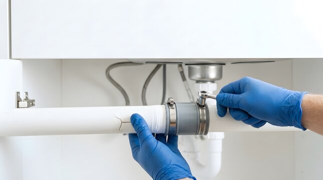 Plumber repairing cracked white pvc pipe using rubber coupling and metal clamps with socket wrench tool during professional home maintenance service under sink cabinet area indoors.