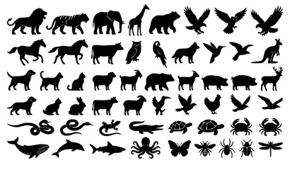 Fototapeta premium Modern Black Silhouette Animal Creature and Insect Vector Icon Set