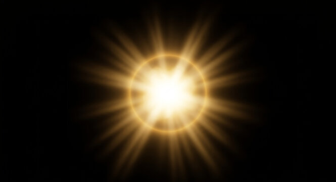 bright glowing sun with light rays on black background