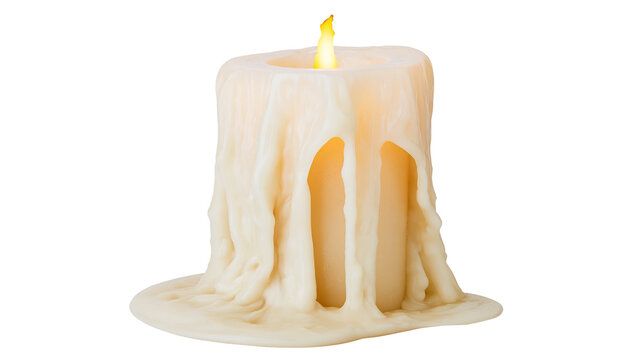 Creamy white candle with dripping wax and glowing flame