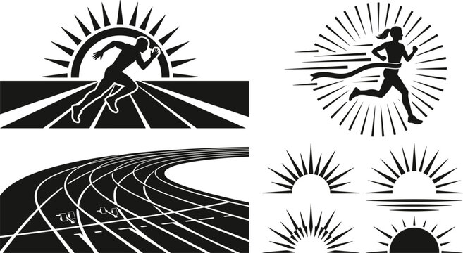 Athletic Running and Track Field Vector Silhouette Set with Male Sprinter, Female Finish Line Marathon Runner, Stadium Lane, and Sunburst Elements