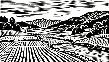 Fototapeta premium Black and white landscape with mountains and a river flowing through fields, line art illustration, AI generated