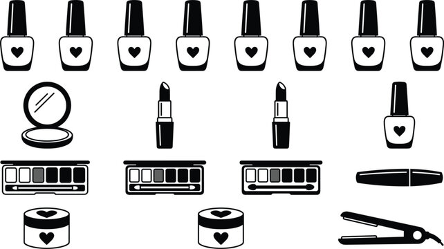 Cosmetics icon collection including nail polish bottles eyeshadow palettes lipstick and beauty makeup products black silhouette vector set