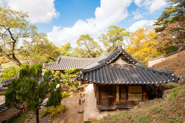 Fototapeta premium Exterior View of Traditional Korean Hanok House Featuring Wooden Veranda, Daecheongmaru, and Tiled Roof Set Against a Forest