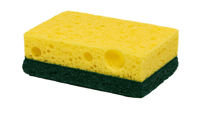 Yellow sponge with green abrasive side for cleaning