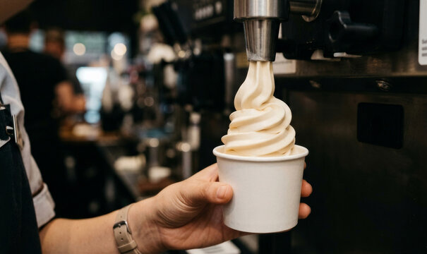 Fresh soft serve ice cream is served directly from a modern automatic machine.