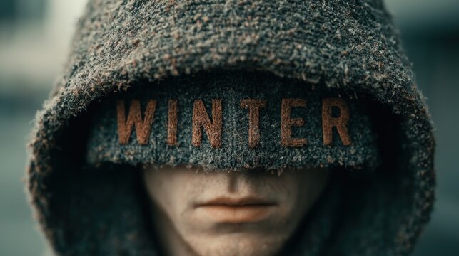 Man with a hood over his face winter text