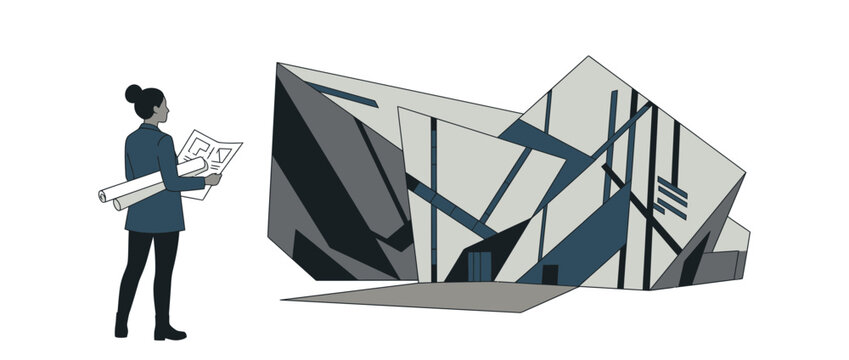 Architect Reviewing Modern Geometric Building Design Illustration