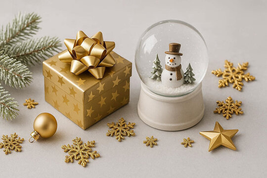 Festive Christmas Snow Globe with Gift Box and Golden Snowflakes