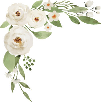Corner Floral Accent with White Roses and Greenery Watercolor