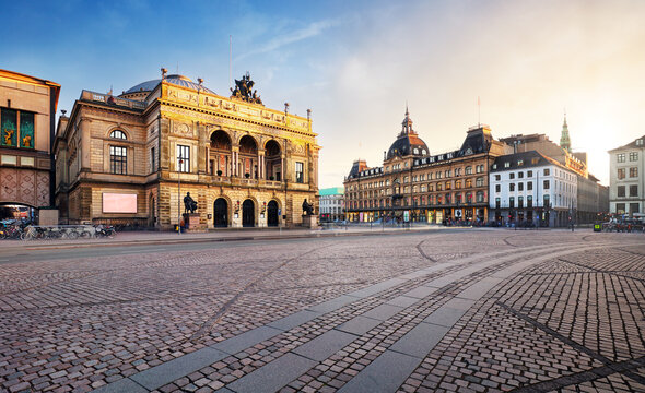 Copenhagen theater at sunset in Kongens Nytorv, The Royal Playhouse and The Old Stage
