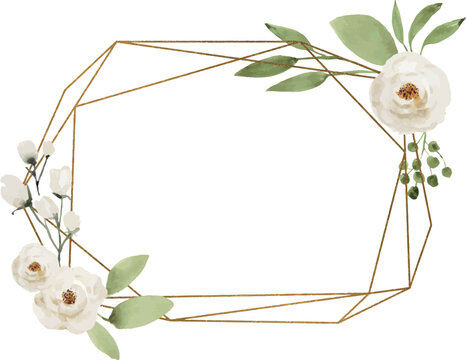 Elegant geometric gold frame with watercolor white roses and greenery