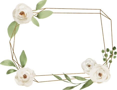 Decorative geometric gold frame with watercolor white roses and foliage