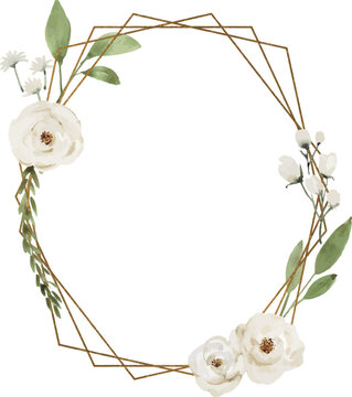 Octagonal geometric gold frame with watercolor floral bouquet
