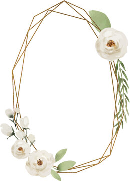 Elegant Golden Geometric Frame with White Flowers and Green Leaves