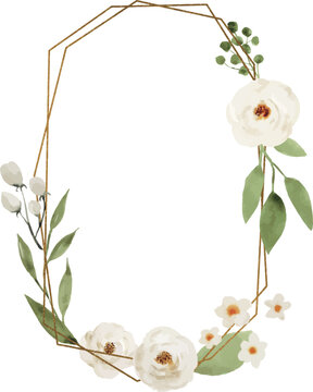 Oval Gold Geometric Frame with White Roses and Greenery