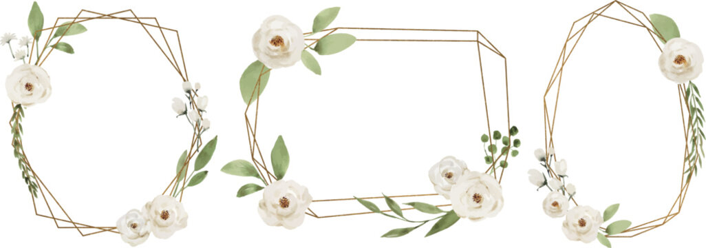 Set of Three Geometric Frames with White Flowers and Greenery