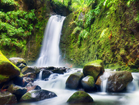 Azores, Waterfall in jungle - Salto do Prego lost in the rainforest, Sao Miguel Island, Portugal