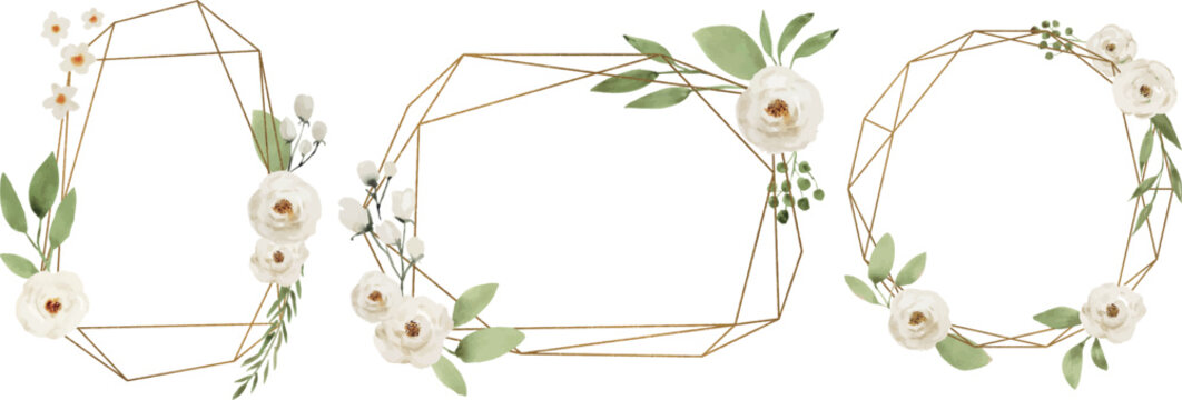 Geometric Frames with Floral Arrangements of White Flowers and Leaves