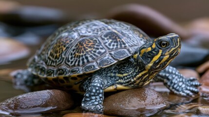 Obraz premium Detailed close up of a yellow striped turtle resting on wet pebbles