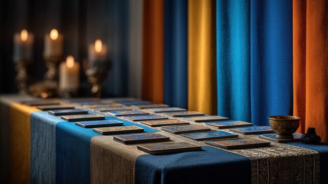 Many cards on a table with candles and a blue table cloth tarot card fortune teller