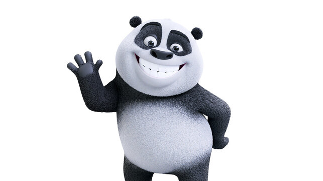 Smiling cartoon panda waving hello with its paw