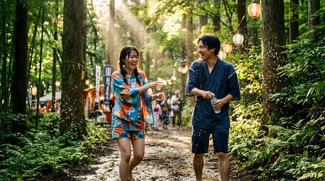 Young couple having a playful water fight on a dirt path in a forest at a music festival