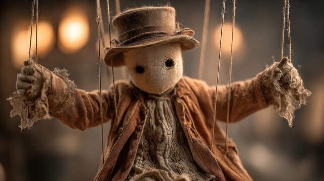 Puppetry marionette figure with a hat and coat hanging on strings