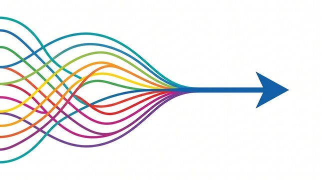 Abstract illustration of colorful interconnected flowing lines merging into a single solid blue direction arrow symbolizing unity and