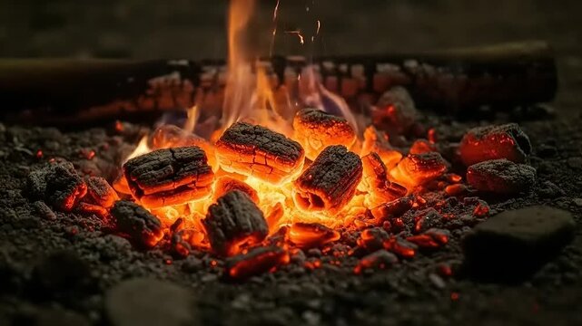 Burning Charcoal Embers in a Pit.